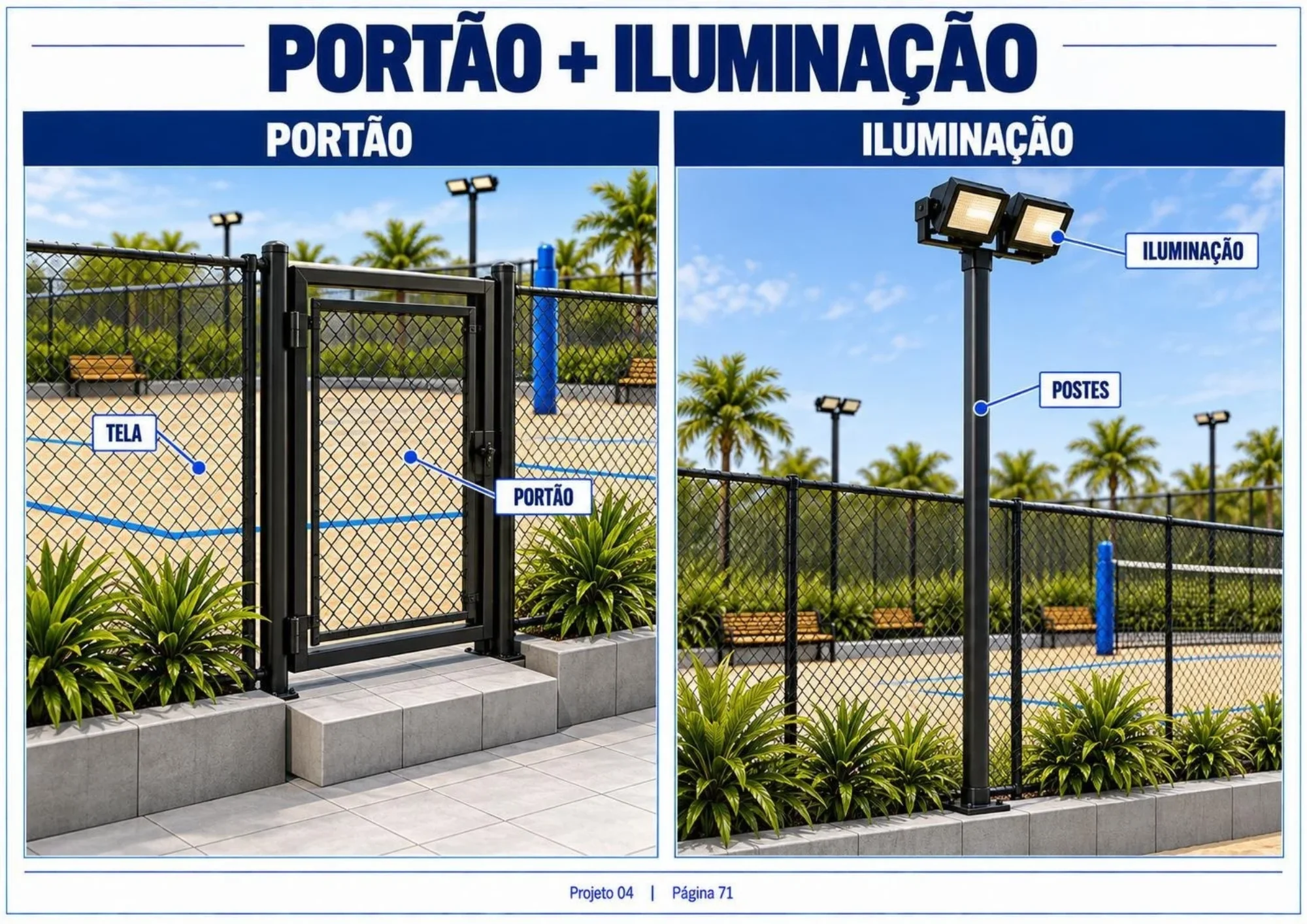 Página com detalhes de portão, tela, postes e iluminação