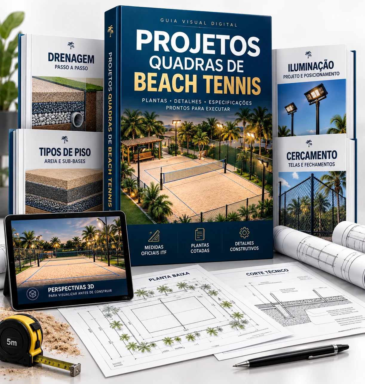 Apresentação ilustrativa do pacote digital com guia de projetos, materiais de drenagem, layouts e plantas de beach tennis